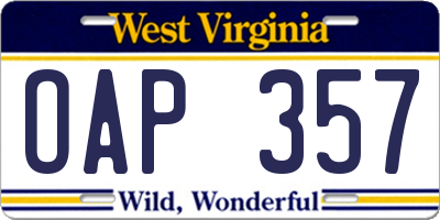 WV license plate OAP357