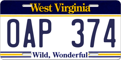 WV license plate OAP374