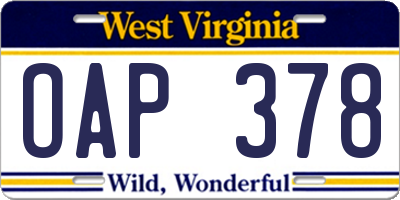 WV license plate OAP378