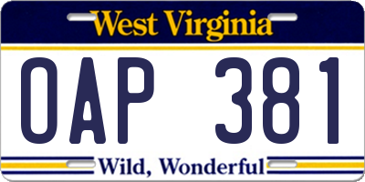 WV license plate OAP381