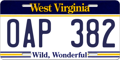 WV license plate OAP382