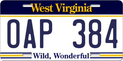 WV license plate OAP384
