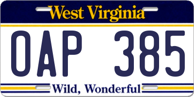 WV license plate OAP385