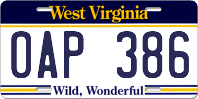 WV license plate OAP386