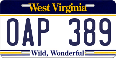 WV license plate OAP389