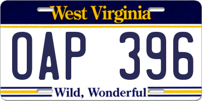 WV license plate OAP396
