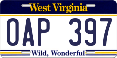 WV license plate OAP397