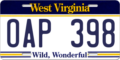 WV license plate OAP398