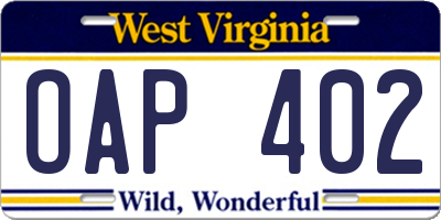 WV license plate OAP402