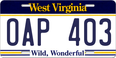 WV license plate OAP403