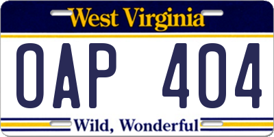 WV license plate OAP404