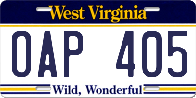 WV license plate OAP405