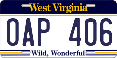 WV license plate OAP406