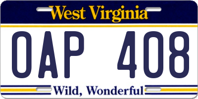 WV license plate OAP408