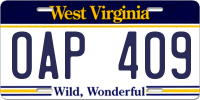 WV license plate OAP409
