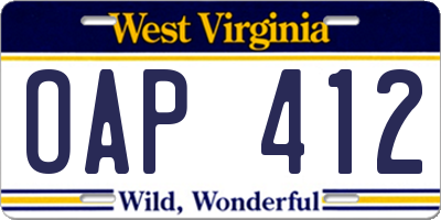 WV license plate OAP412