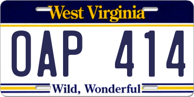 WV license plate OAP414