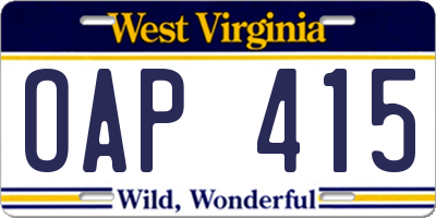 WV license plate OAP415