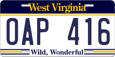 WV license plate OAP416