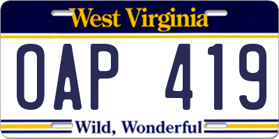 WV license plate OAP419