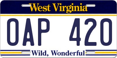 WV license plate OAP420
