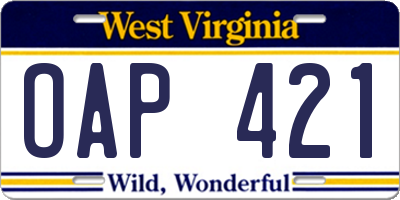 WV license plate OAP421
