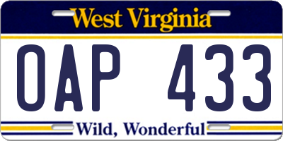 WV license plate OAP433