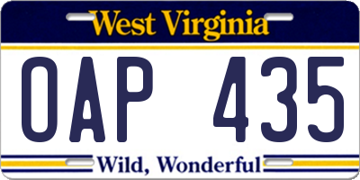 WV license plate OAP435