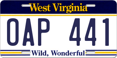 WV license plate OAP441