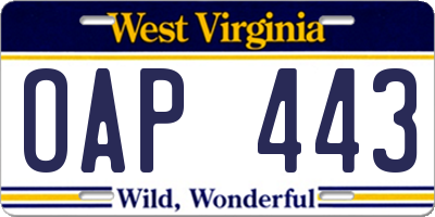 WV license plate OAP443