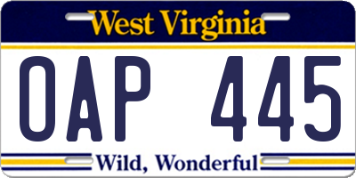 WV license plate OAP445