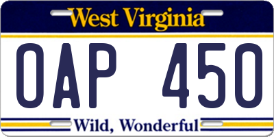WV license plate OAP450