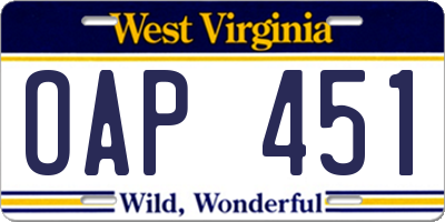 WV license plate OAP451