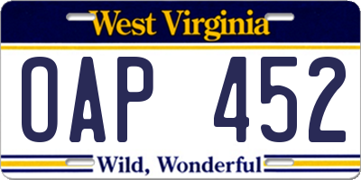 WV license plate OAP452