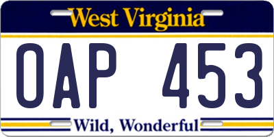 WV license plate OAP453