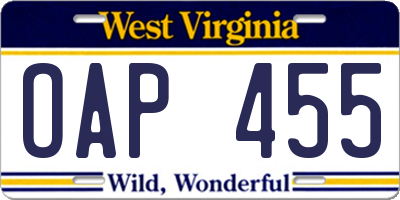 WV license plate OAP455