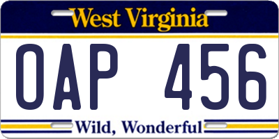 WV license plate OAP456