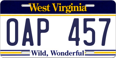 WV license plate OAP457