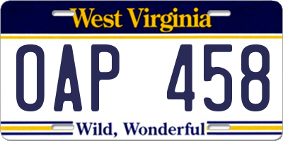 WV license plate OAP458