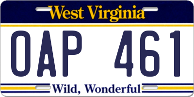 WV license plate OAP461