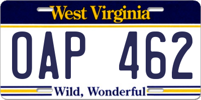 WV license plate OAP462