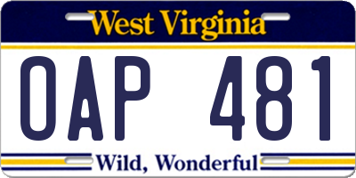 WV license plate OAP481