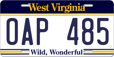 WV license plate OAP485