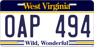 WV license plate OAP494