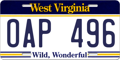 WV license plate OAP496