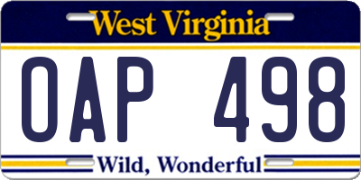 WV license plate OAP498