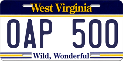 WV license plate OAP500