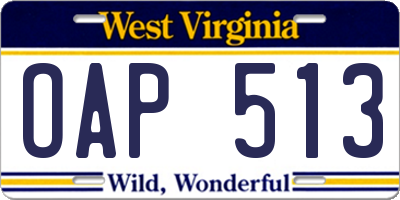 WV license plate OAP513
