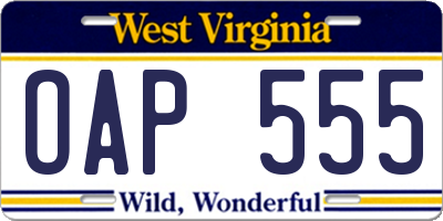 WV license plate OAP555