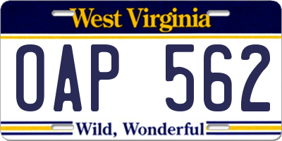 WV license plate OAP562